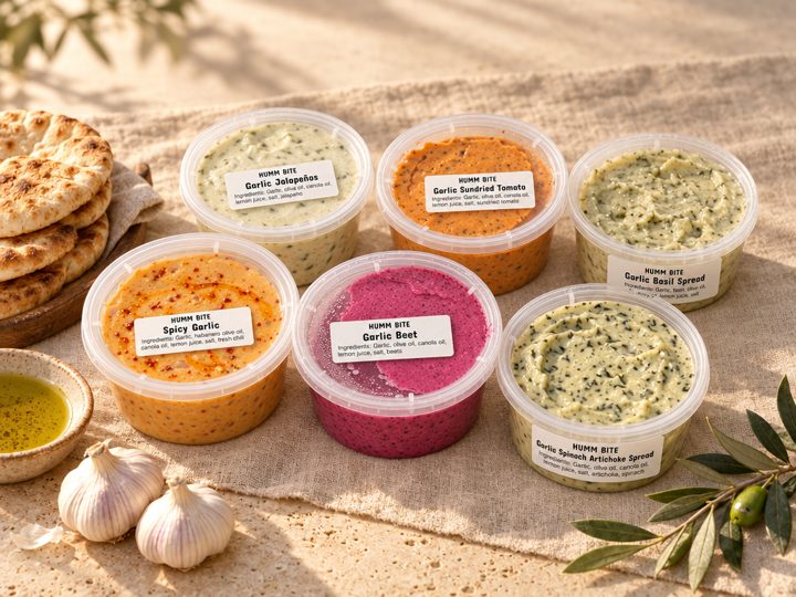 Six Hummbite garlic dips with pita, olive oil and an olive branch